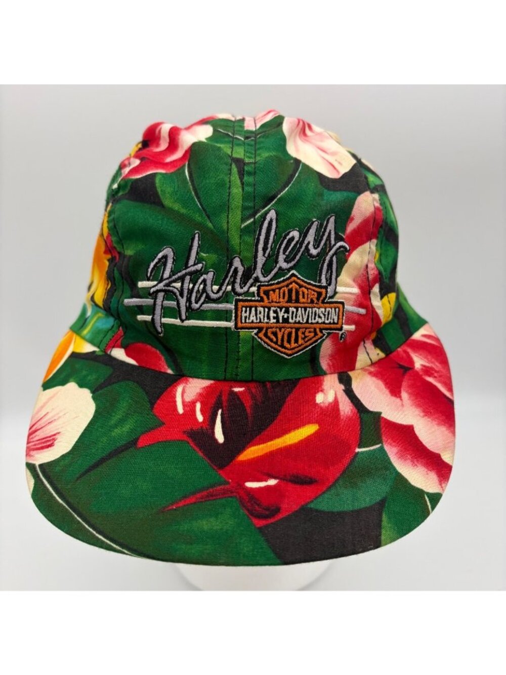 Vintage Harley Davidson Hawaiian Floral Flex Fit Hat Embroidered Tropical Bikers